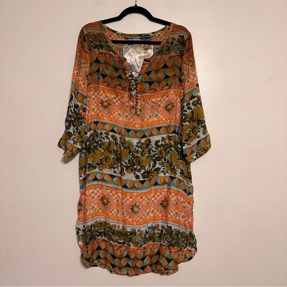 Pearls by Aratta Mixed Pattern Tunic Shirt Dress Top Long Sleeve size Medium - Picture 1 of 8